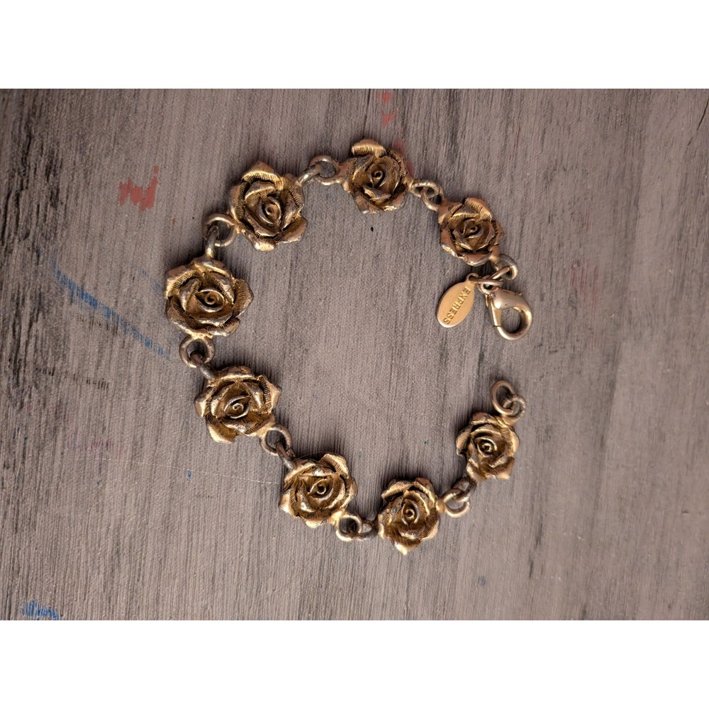Express Rose Flower Link Bracelet Burnished Gold Tone Vintage Style Floral
